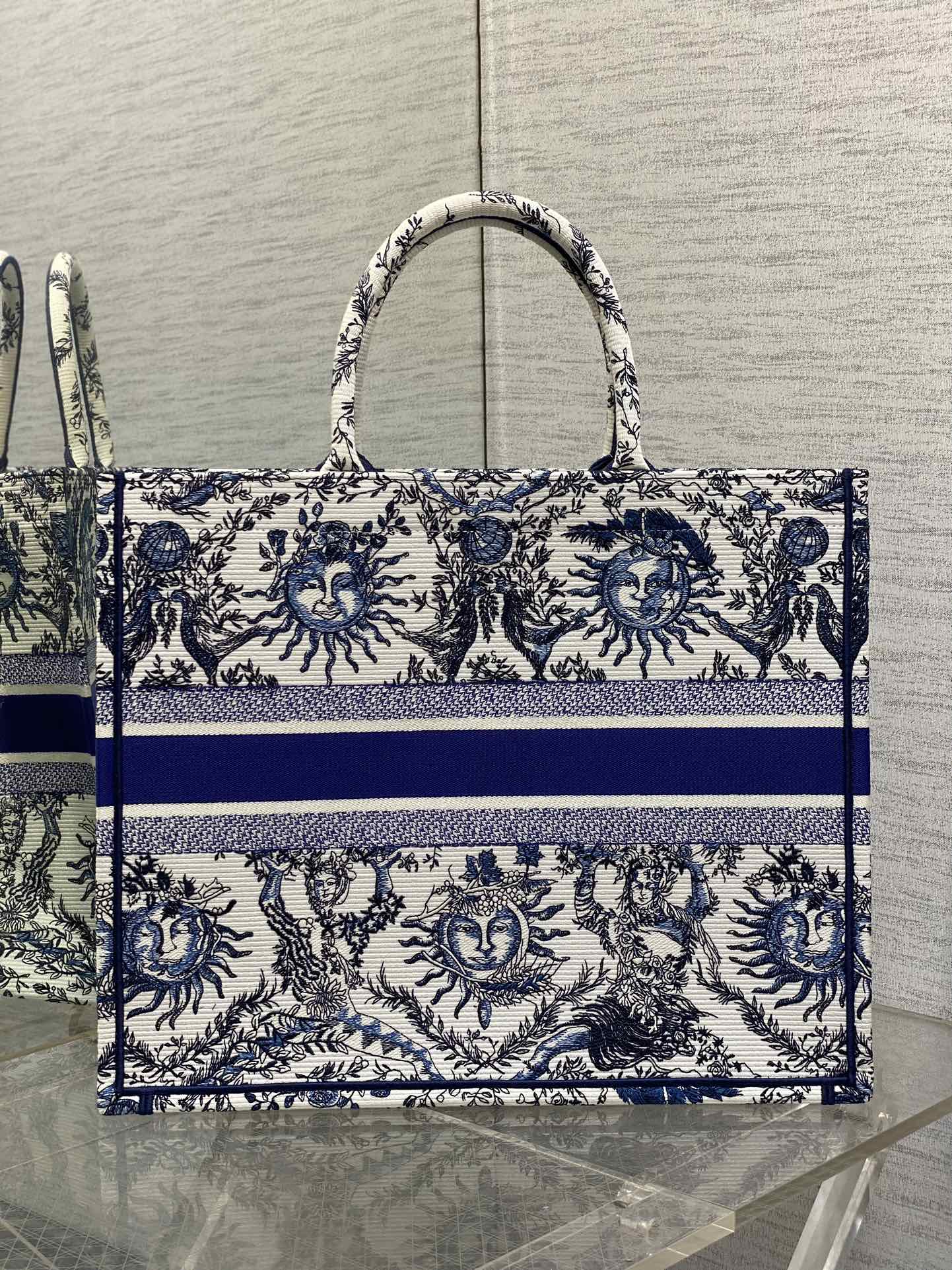 Large Dior Book Tote Bag White and Navy Blue Toile de Jouy Soleil Embroidery